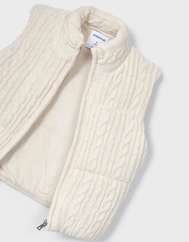 4314 Mayoral Mini Girls Cable Knit Zippered Padded Vest - Chickpea White