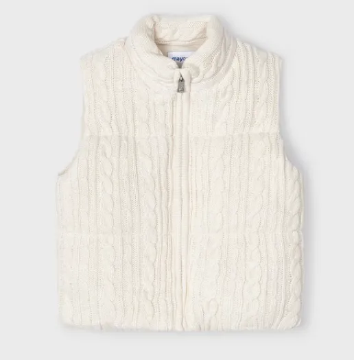 4314 Mayoral Mini Girls Cable Knit Zippered Padded Vest - Chickpea White