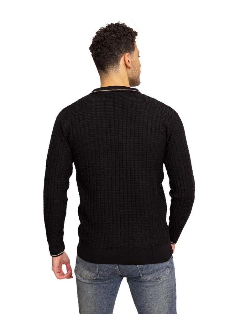 F- Black Striped Polo Neck Pullover