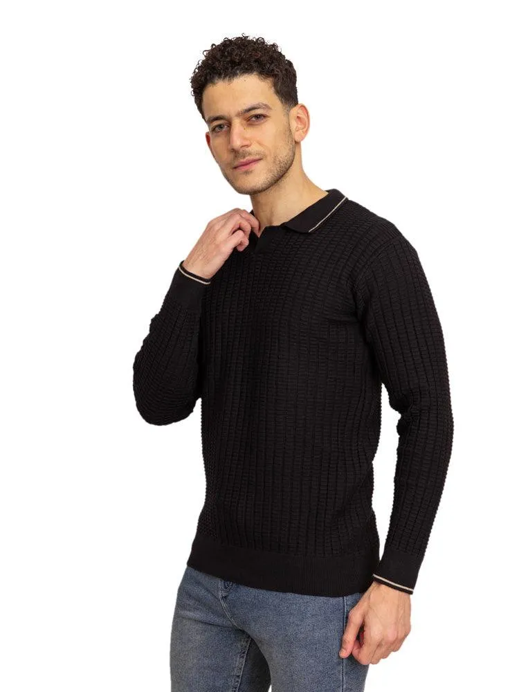 F- Black Striped Polo Neck Pullover