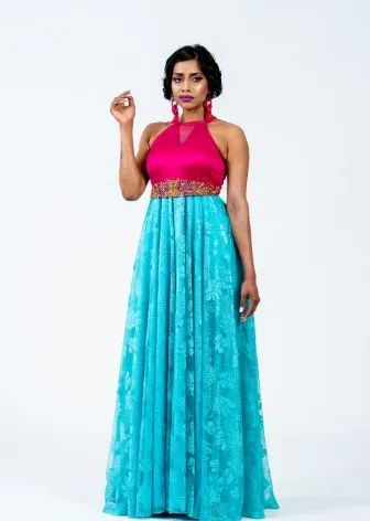 Fuschia Pink Satin & Net Maxi Dress