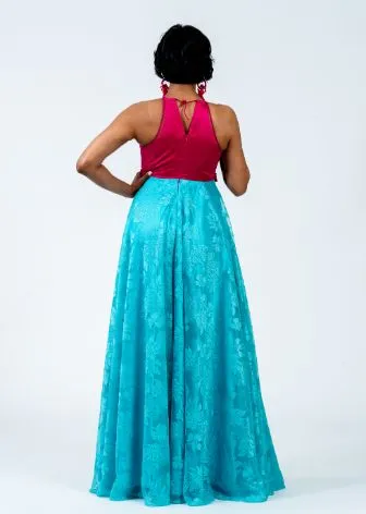 Fuschia Pink Satin & Net Maxi Dress