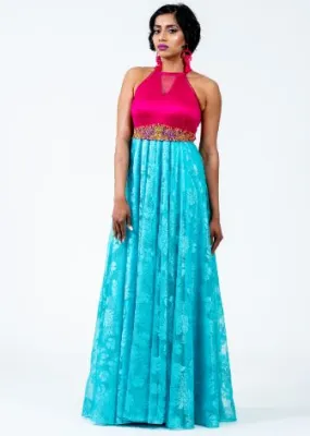 Fuschia Pink Satin & Net Maxi Dress