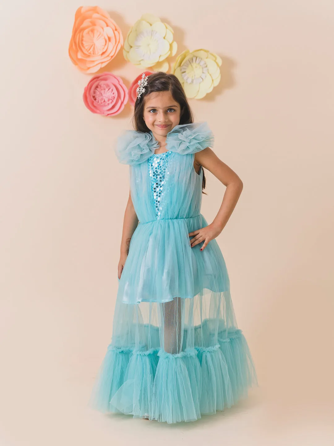 Girls Turquoise Blue Net Party Maxi Dress - Ps Peaches