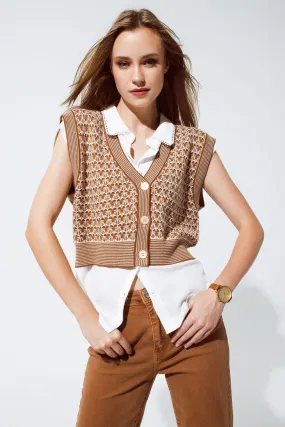 Knitted Cropped Vest With Rib Trim In Brown