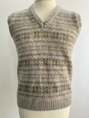 Mens 1970s Grey Wool Fair Isle V-Neck Tank Top - Size S