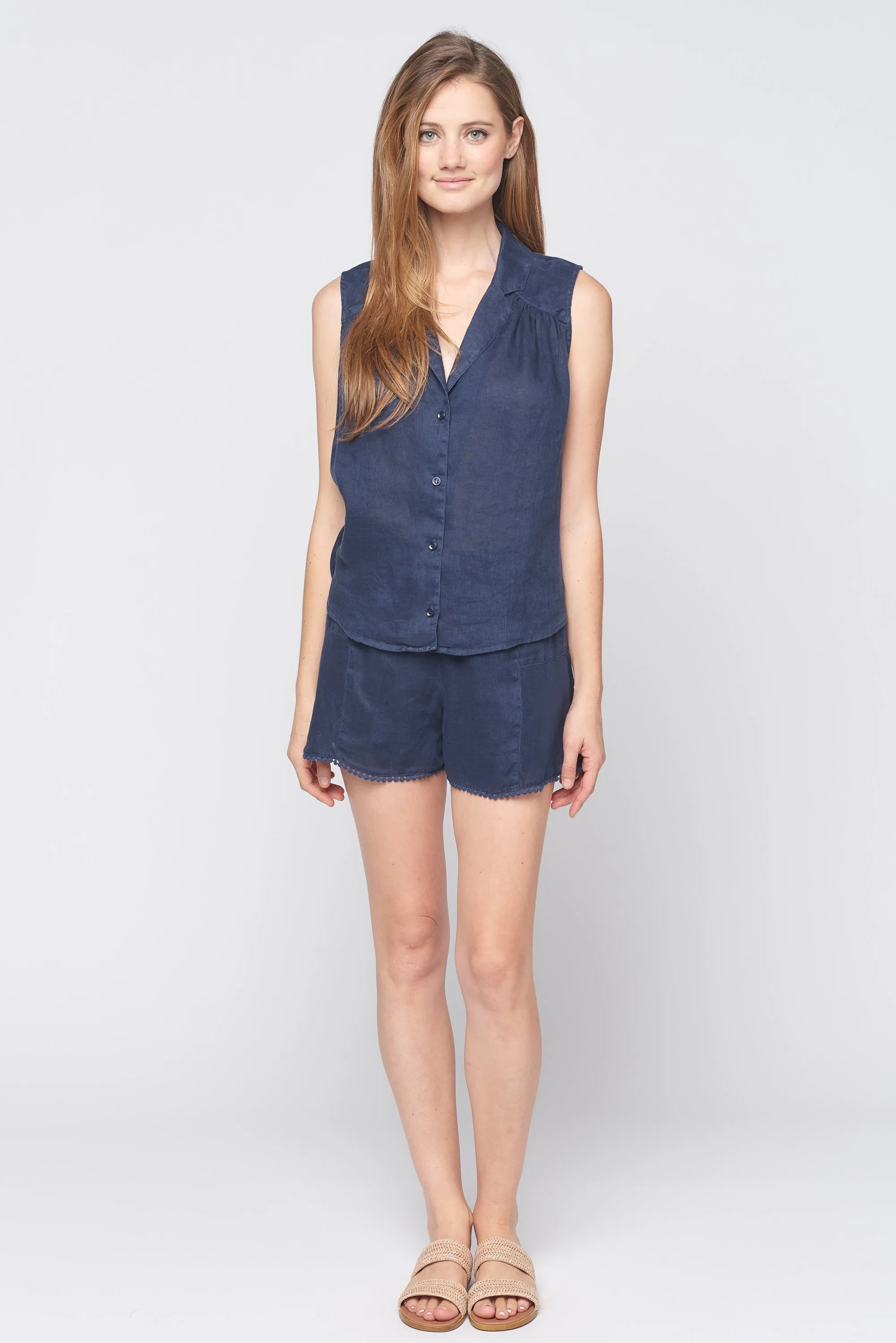 Sleeveless Linen Button Down Shirt