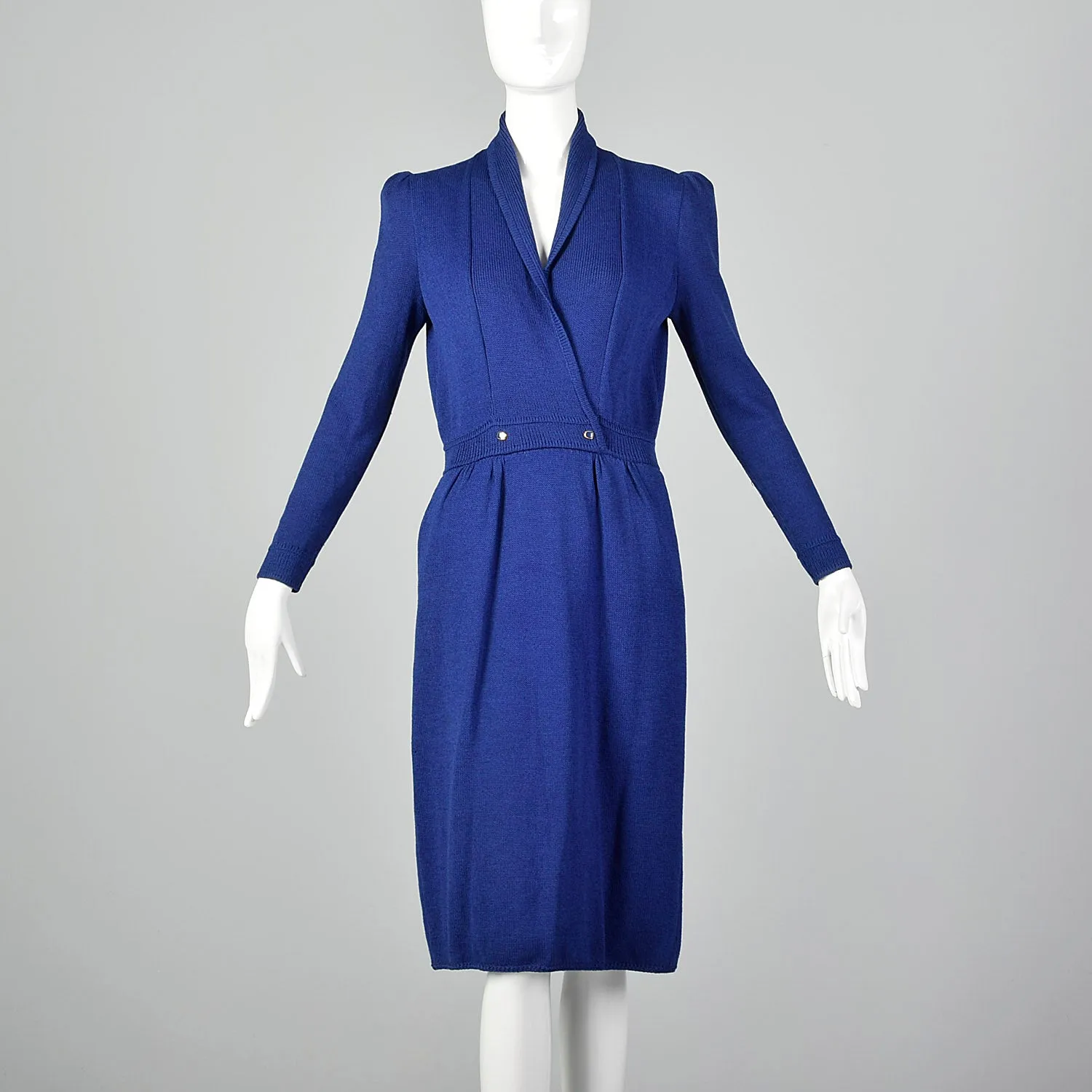 St. John 1980s Blue Faux Wrap Knit Dress