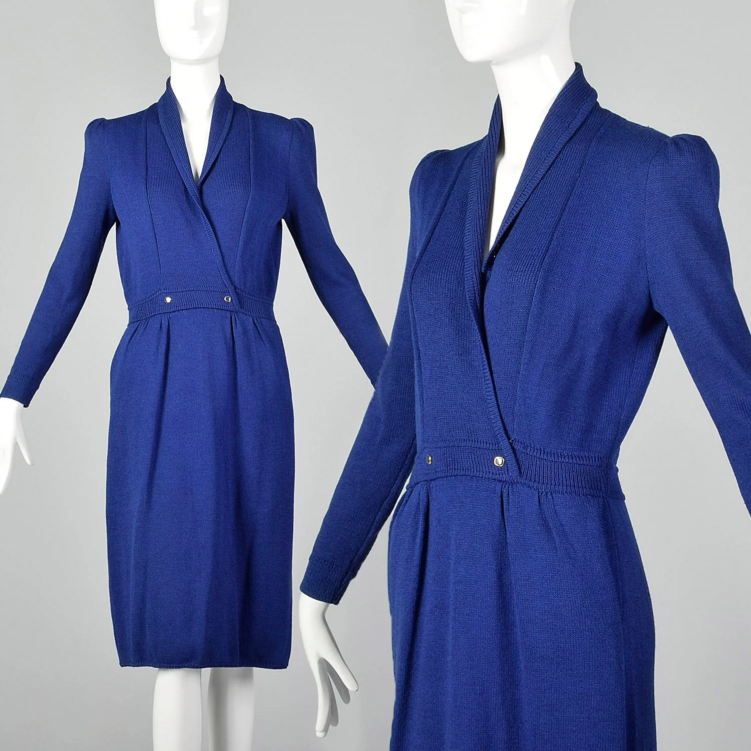 St. John 1980s Blue Faux Wrap Knit Dress