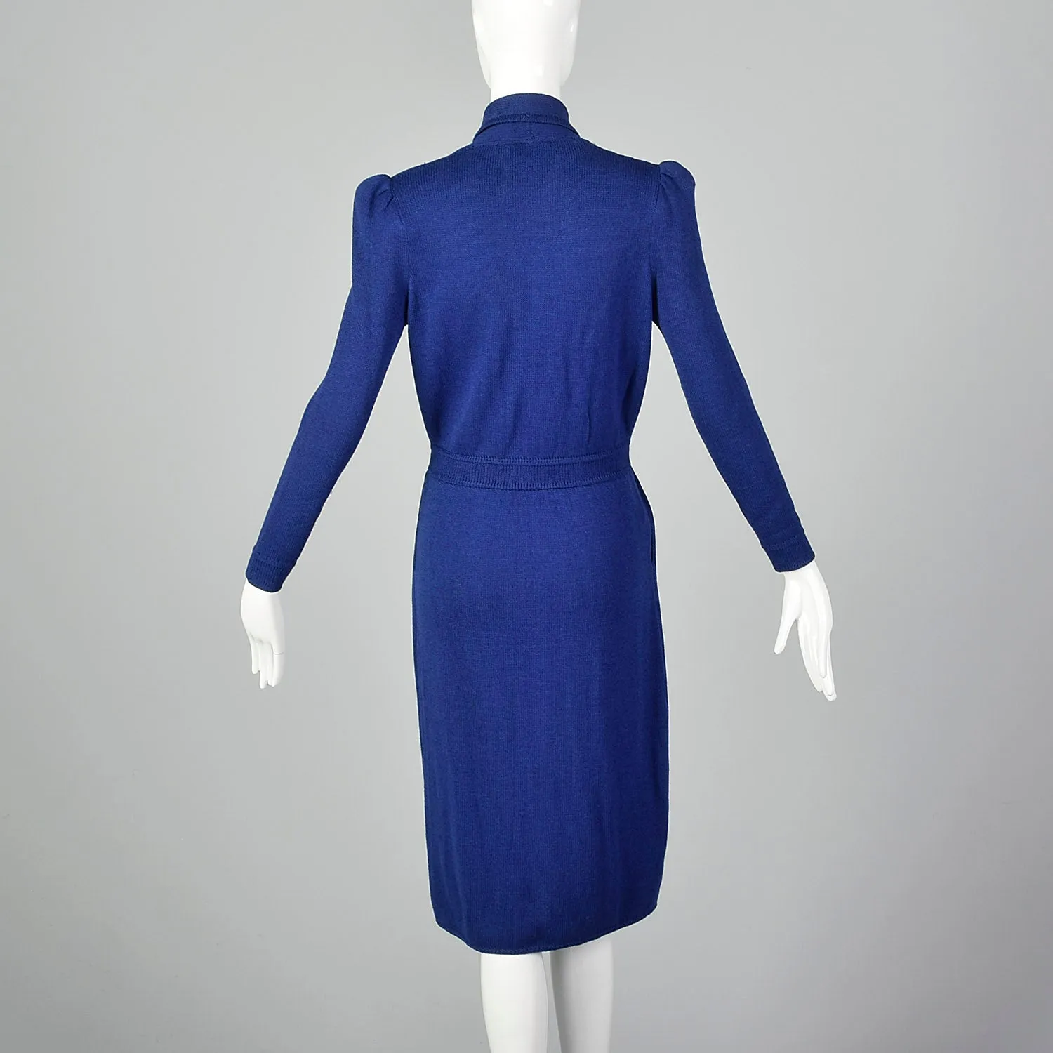 St. John 1980s Blue Faux Wrap Knit Dress